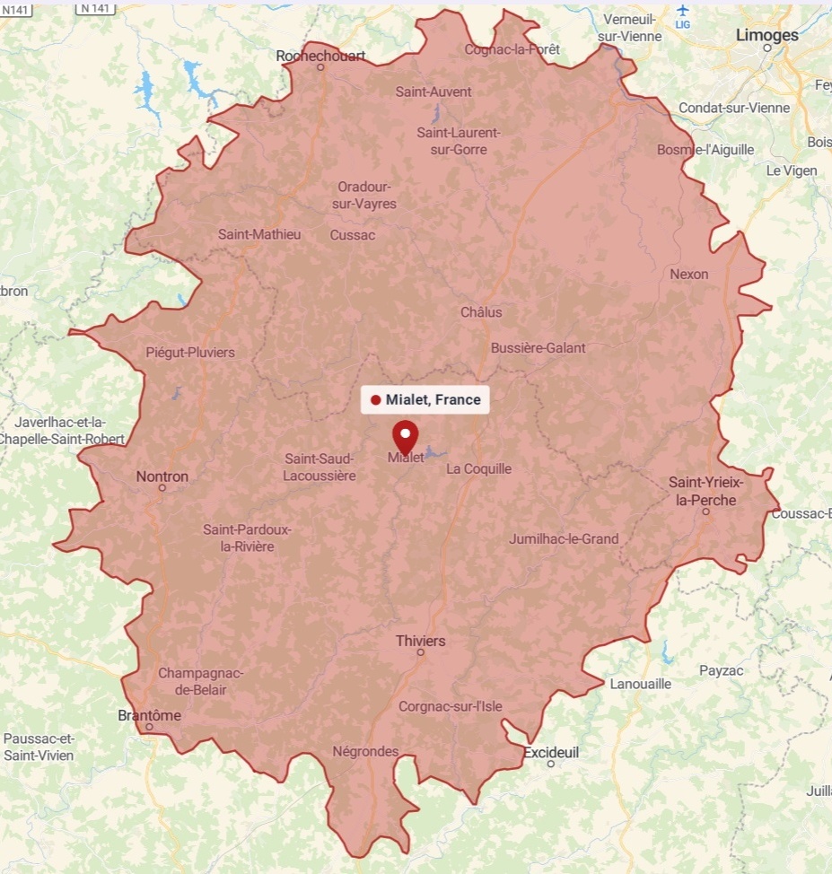 Carte de la zone d'intervention de Boutin Électricité, environ 40 minutes autour de Mialet